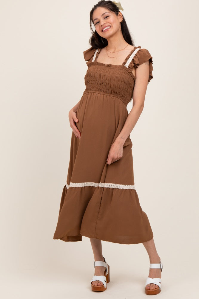 Mocha Smocked Lace Detail Maternity Midi Dress