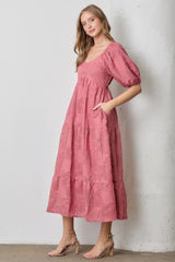 Pink Leaf Textured Tiered Midi Dress