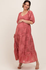 Pink Leaf Textured Tiered Midi Maternity Dress