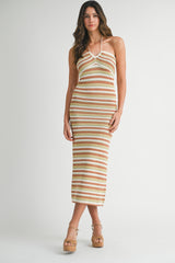 Light Olive Striped Halter Crochet Knit Midi Dress