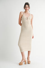Beige Crochet Knit Cut Out O-Ring Midi Dress