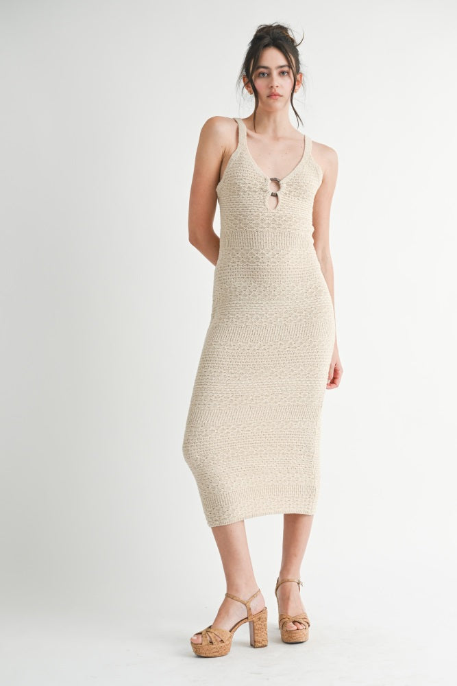 Beige Crochet Knit Cut Out O-Ring Maternity Midi Dress