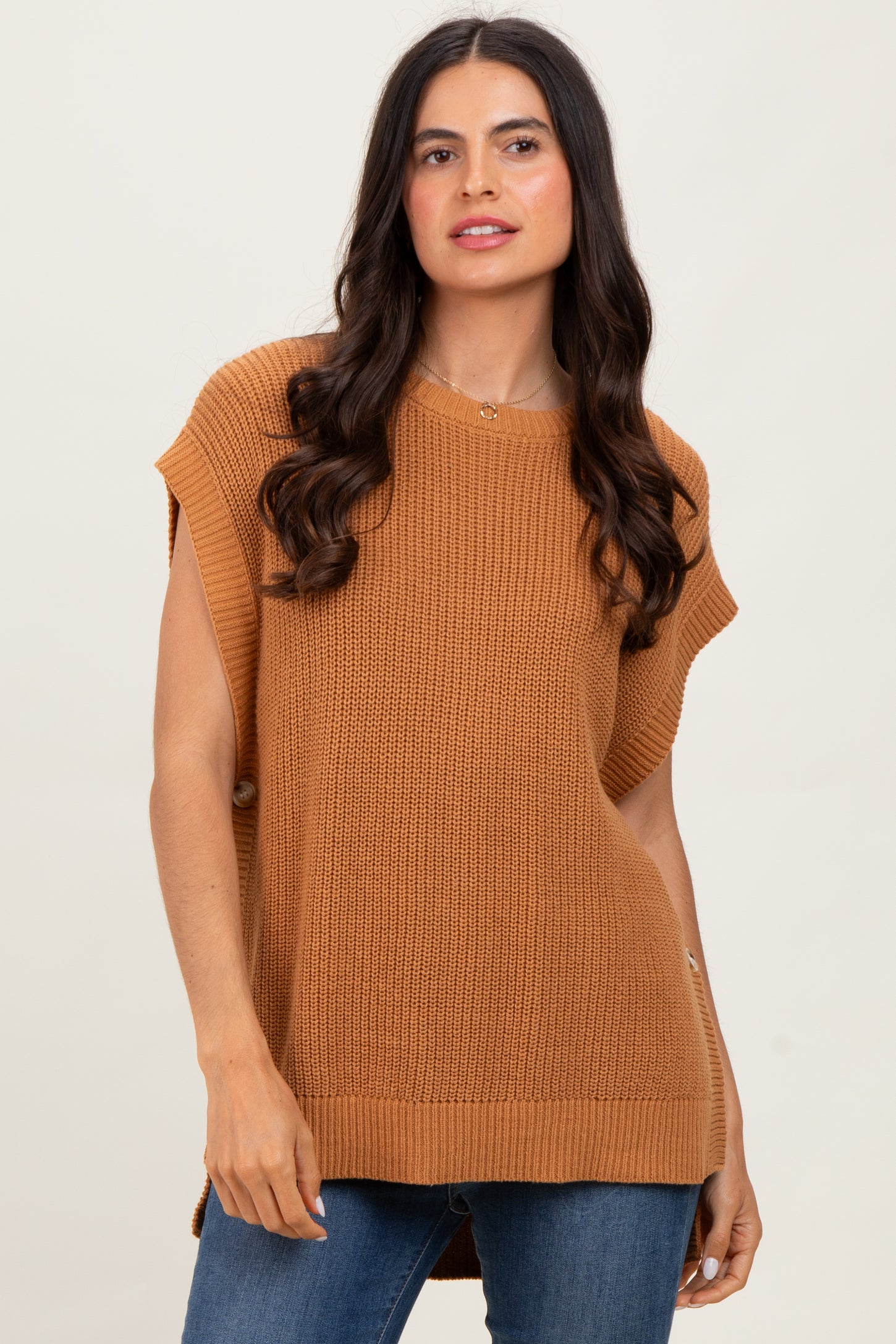 Camel Oversized Side Button Maternity Sweater Vest