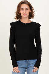 Black Ribbed Knit Ruffle Detail Long Sleeve Top