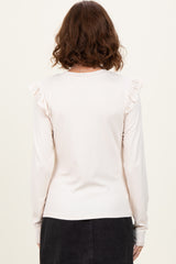 Cream Ribbed Knit Ruffle Detail Long Sleeve Top