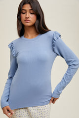 Blue Ribbed Knit Ruffle Detail Long Sleeve Top