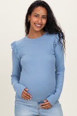Blue Ribbed Knit Ruffle Detail Maternity Long Sleeve Top