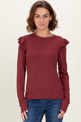 Burgundy Ribbed Knit Ruffle Detail Long Sleeve Top