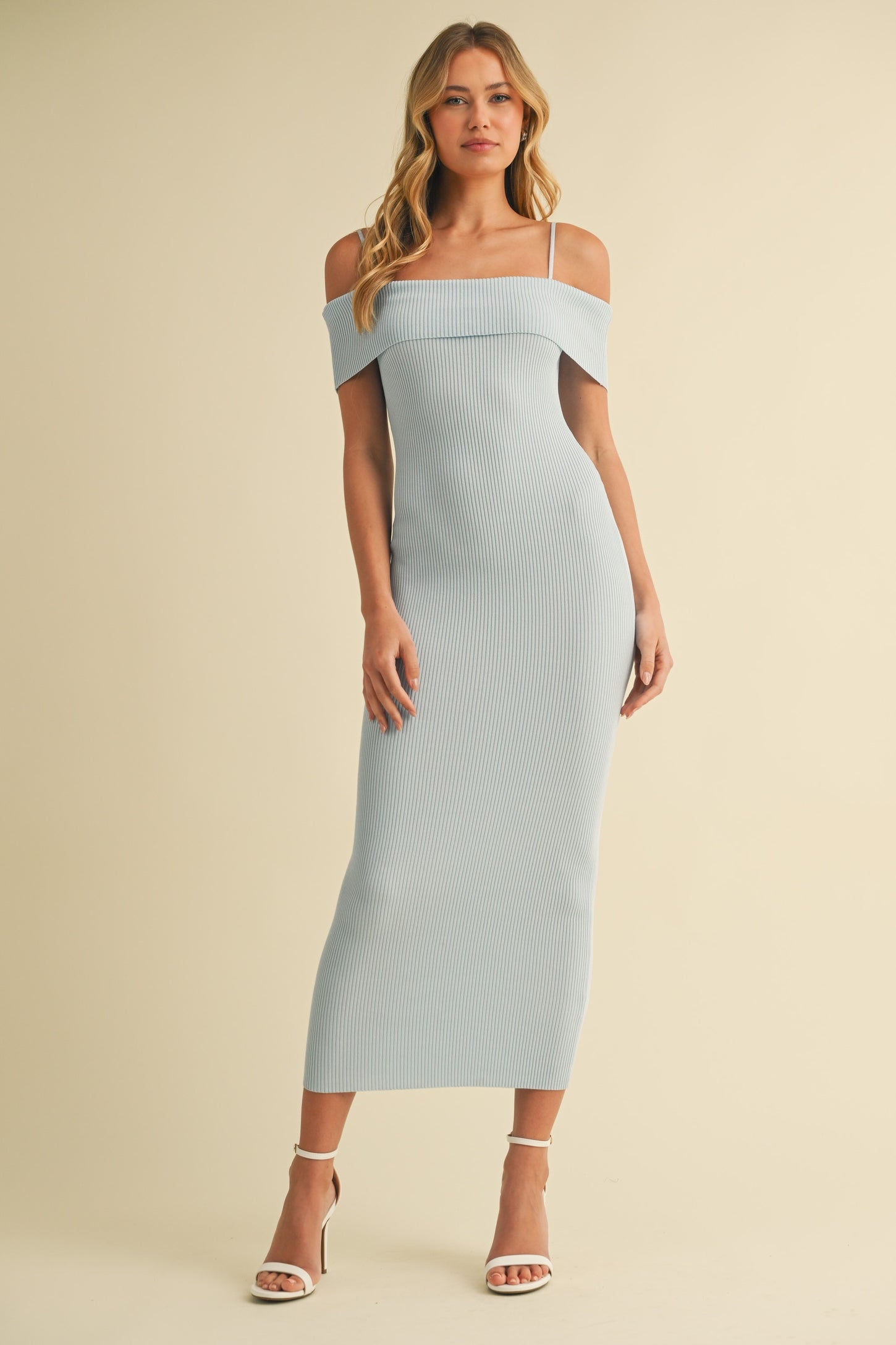 Light Blue Rib Knit Off Shoulder Fitted Maternity Midi Dress