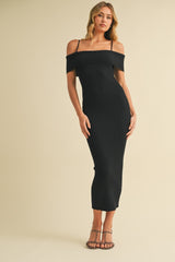 Black Rib Knit Off Shoulder Fitted Midi Dress