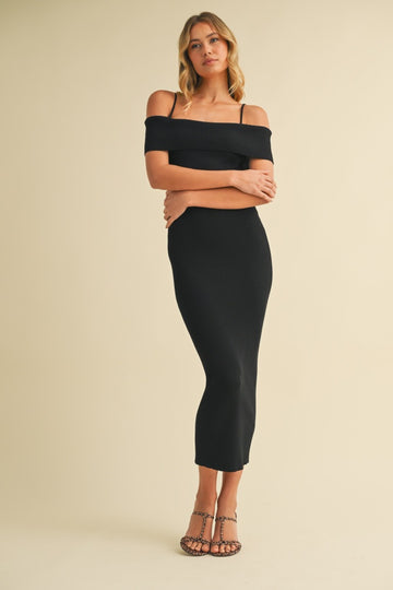 Black Rib Knit Off Shoulder Fitted Midi Dress