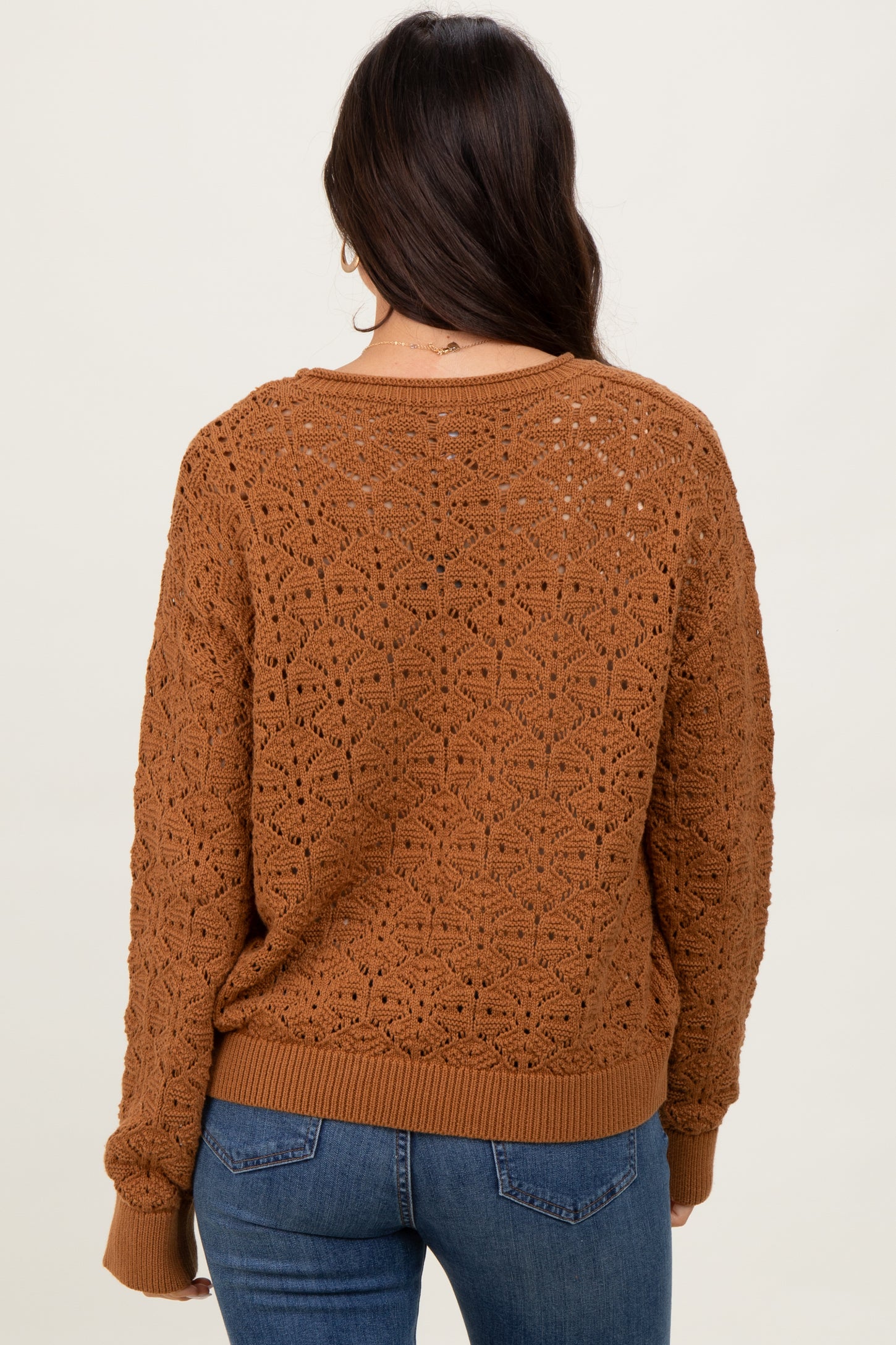 Camel Crochet Knit Drop Shoulder Sweater