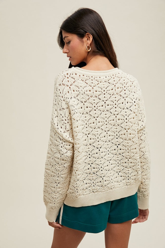 Cream Crochet Knit Drop Shoulder Sweater