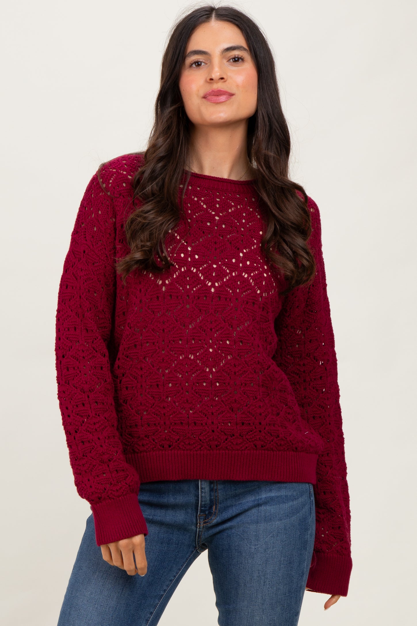 Burgundy Crochet Knit Drop Shoulder Maternity Sweater