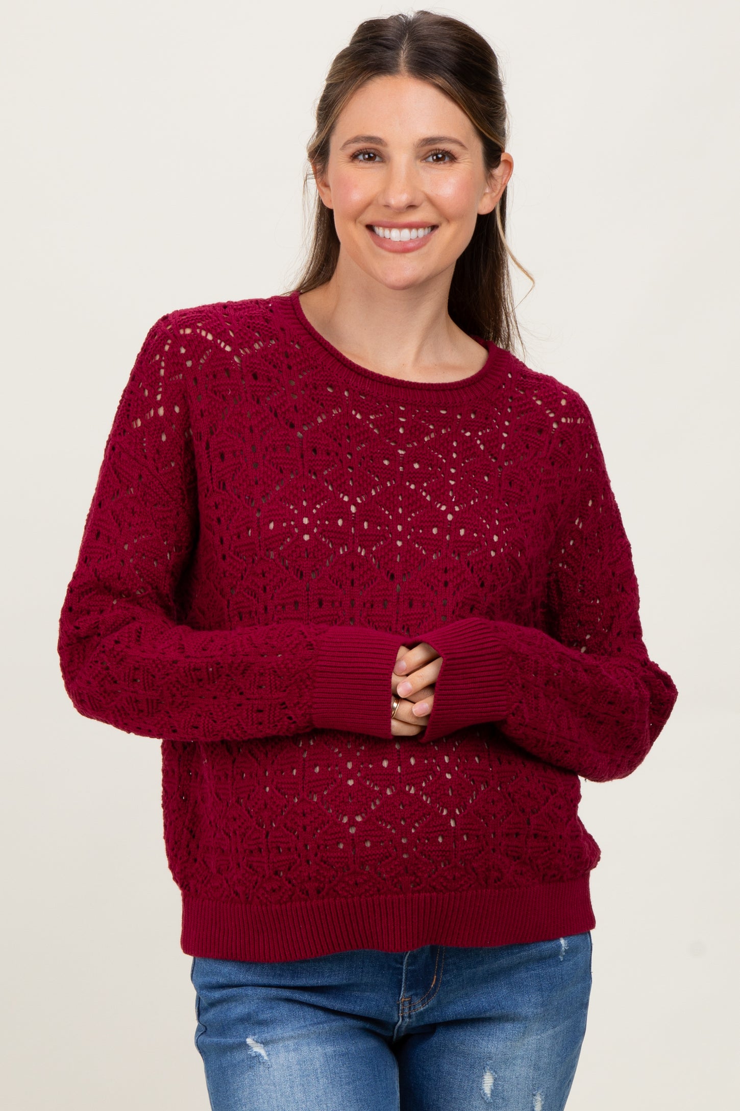 Burgundy Crochet Knit Drop Shoulder Maternity Sweater
