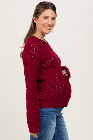 Burgundy Crochet Knit Drop Shoulder Maternity Sweater