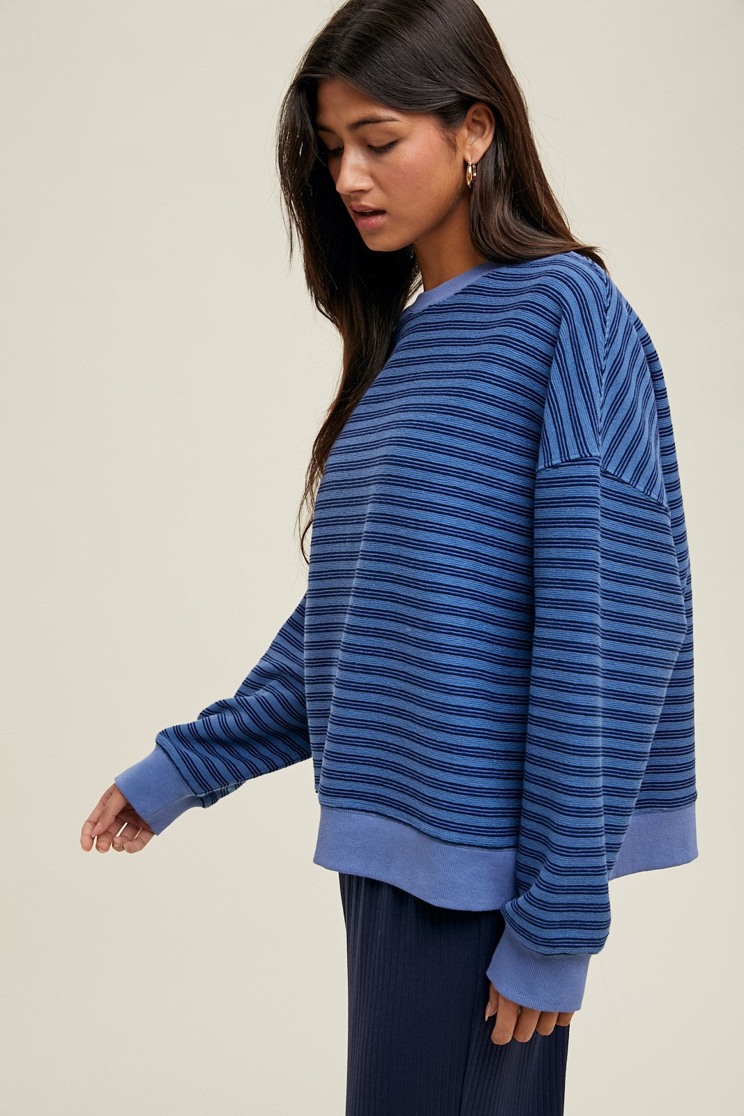 Blue Striped Knit Relaxed Fit Pullover