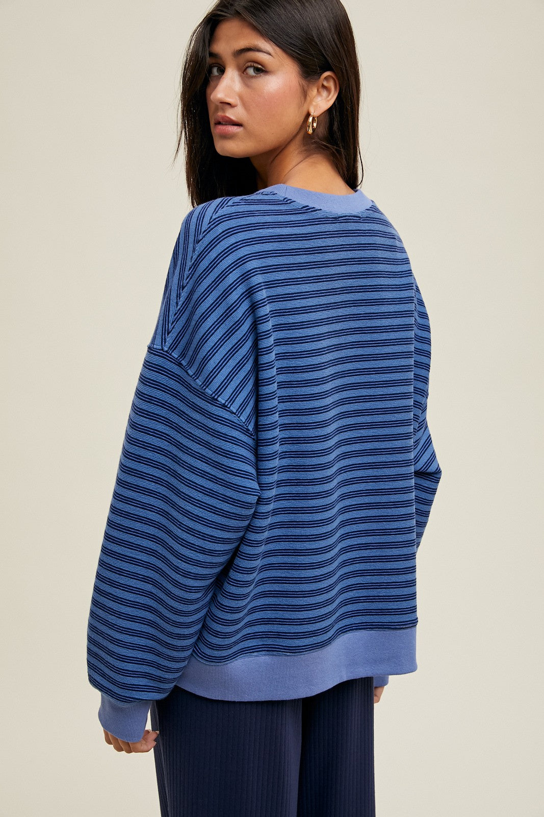 Blue Striped Knit Relaxed Fit Pullover