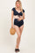 Navy Ribbed Ruffle Shoulder Front Tie High Waist Two-Piece Maternity Swimsuit