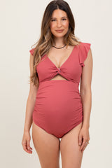 Pink Ribbed Cutout Flutter One Piece Maternity Swimsuit