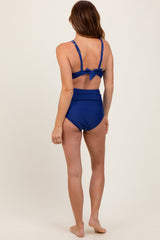 Navy Scalloped V-Neck High Waist Two-Piece Swimsuit