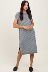 Grey Striped Knit Button Detail Midi Dress