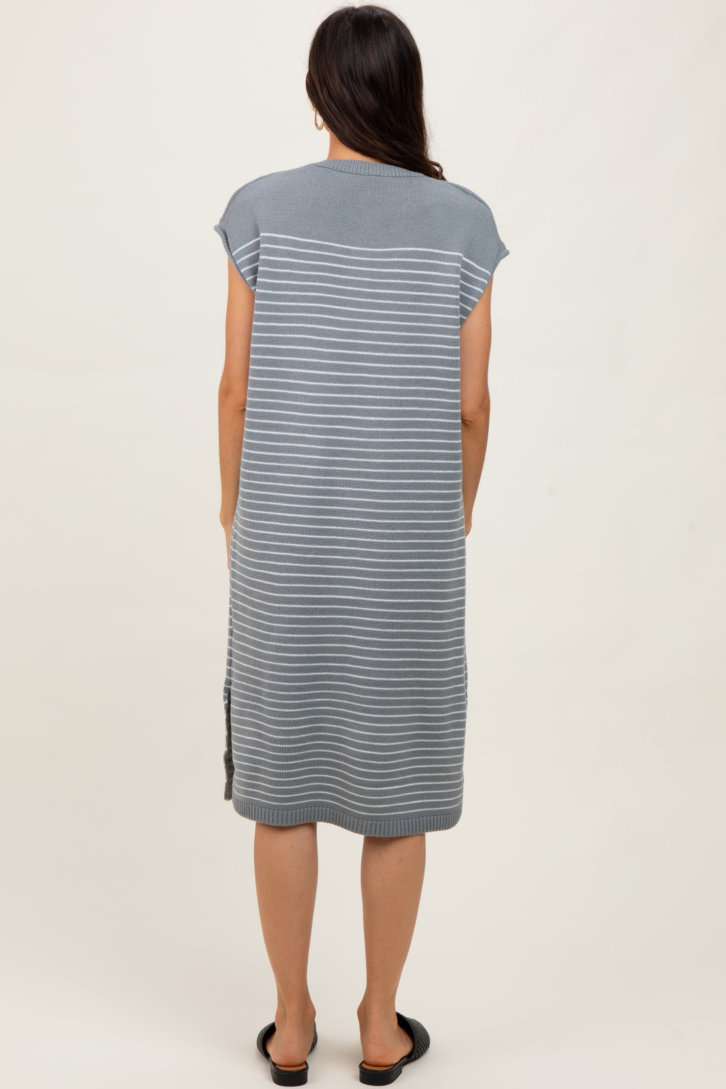 Grey Striped Knit Button Detail Midi Dress