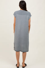 Grey Striped Knit Button Detail Midi Dress