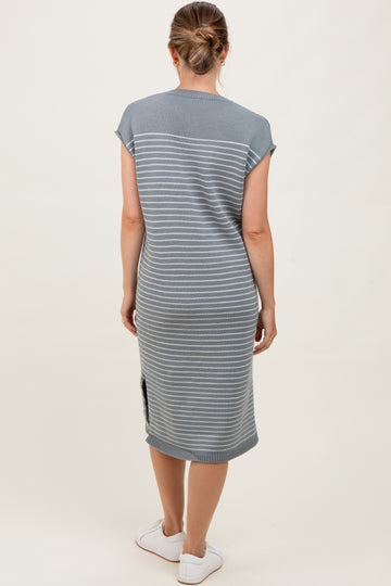 Grey Striped Knit Button Detail Maternity Midi Dress