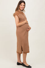 Mocha Striped Knit Button Detail Maternity Midi Dress