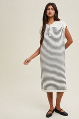 White Striped Knit Button Detail Midi Dress