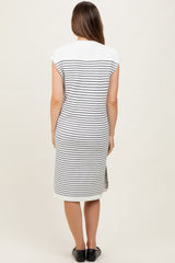 White Striped Knit Button Detail Maternity Midi Dress