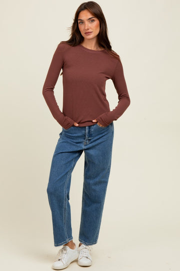 Brown Ribbed Long Sleeve Top