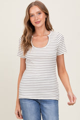 Cream Ribbed Striped Short Sleeve Top