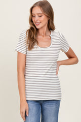 Cream Ribbed Striped Short Sleeve Top
