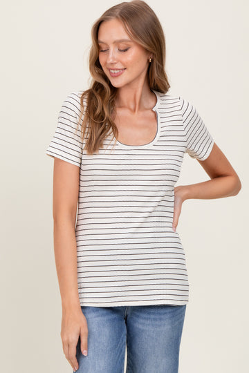 Cream Ribbed Striped Short Sleeve Top