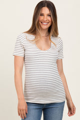 Cream Ribbed Striped Short Sleeve Maternity Top