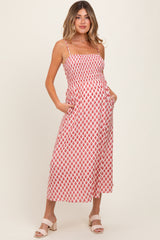 Pink Diamond Print Smocked Maternity Midi Dress