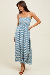 Blue Diamond Print Smocked Maternity Midi Dress