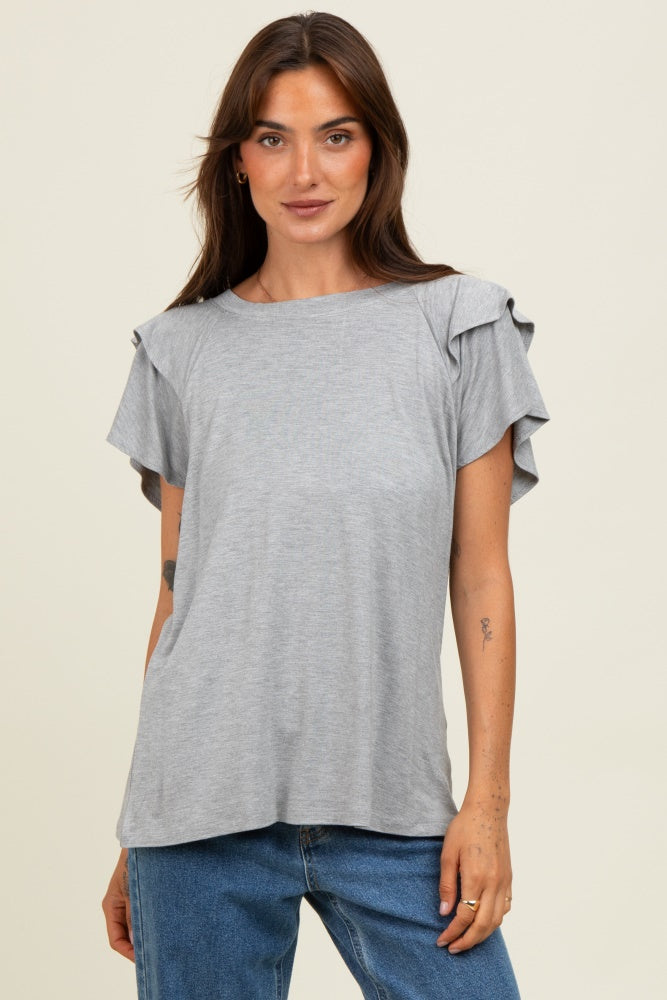 Heather Grey Double Ruffle Sleeve Maternity T-Shirt
