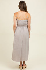 Grey Smocked Cotton Gauze Maternity Midi Dress