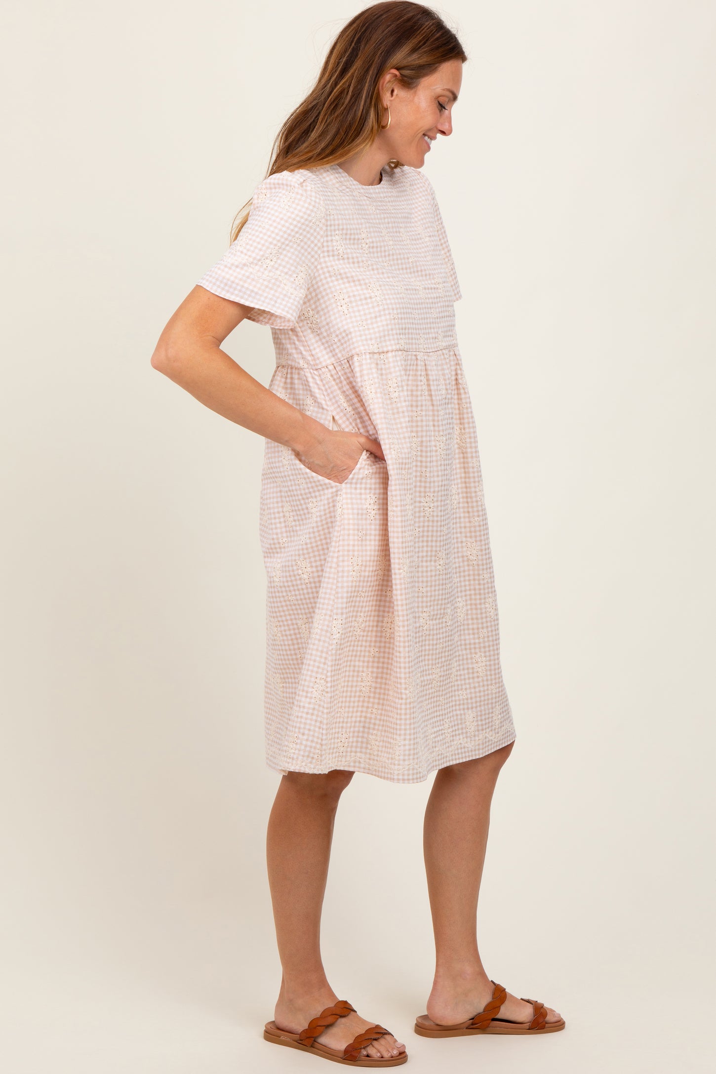 Beige Gingham Short Sleeve Dress