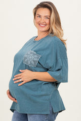 Deep Teal Mineral Wash Crochet Pocket Maternity Plus Top