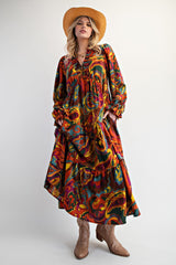 Brown Paisley V-Neck Long Sleeve Tiered Maxi Dress