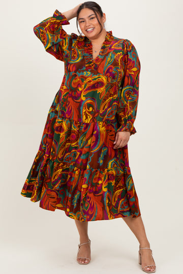 Brown Paisley V-Neck Long Sleeve Tiered Plus Maxi Dress