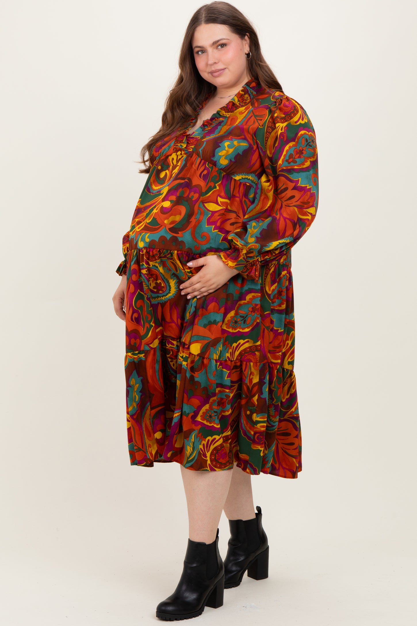 Brown Paisley V-Neck Long Sleeve Tiered Maternity Plus Maxi Dress