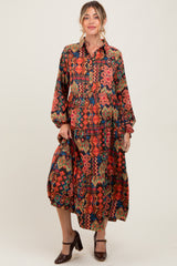 Black Printed Button Detail Tiered Maternity Midi Dress