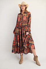 Black Printed Button Detail Tiered Midi Dress