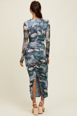 Blue Floral Mesh Overlay Ruched Midi Dress