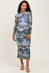 Blue Floral Mesh Overlay Ruched Maternity Midi Dress